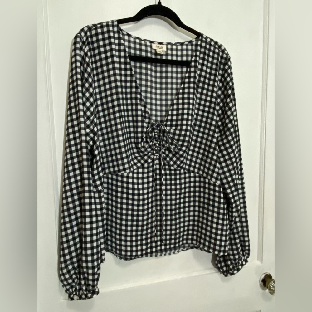ANA XXL Black Gingham Print Blouse with Seamed and Gathered Bust with Tie. NWOT